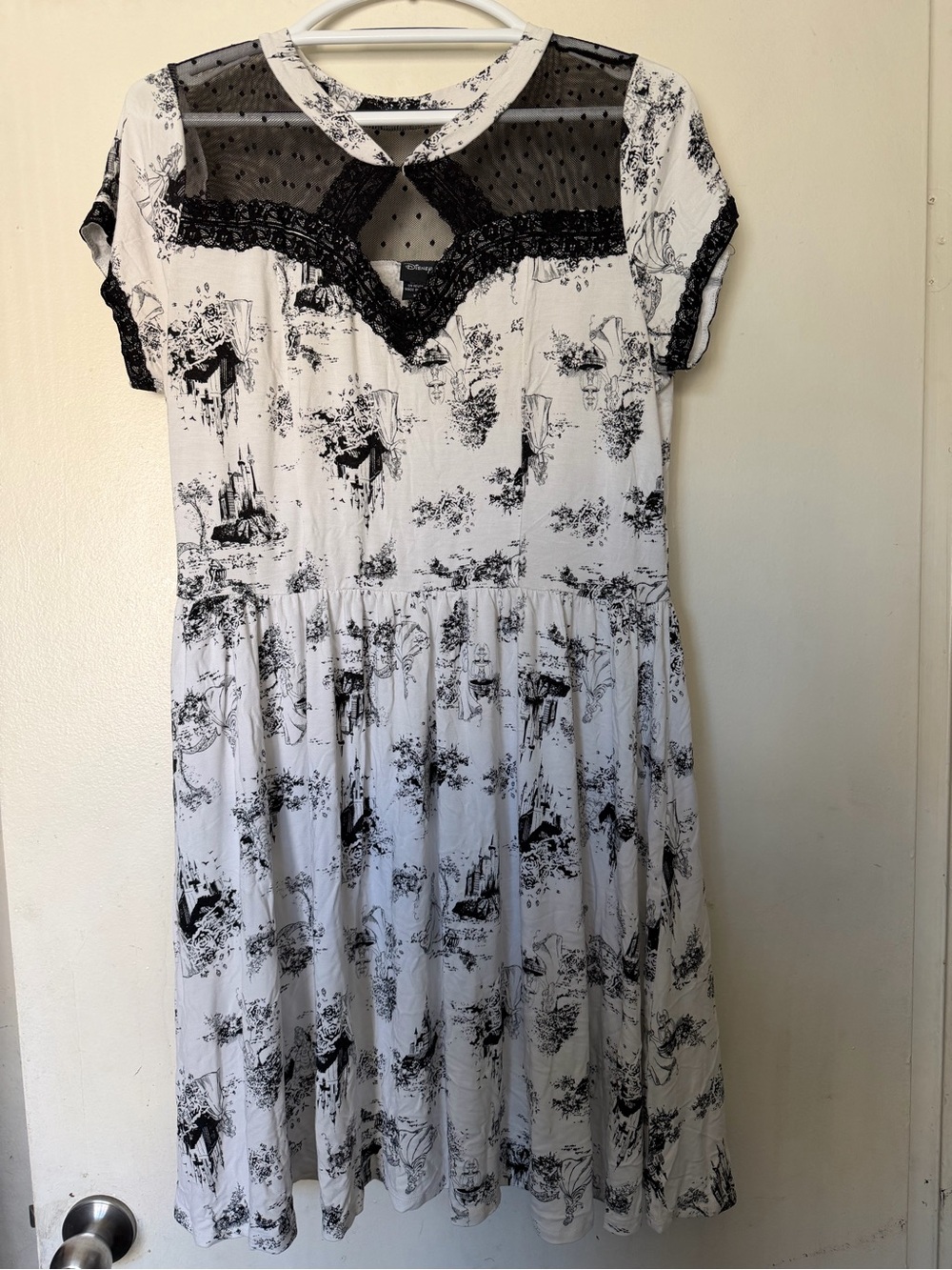 Disney Toile Print Skater Dress XL Black White Castle Mesh Lace - Picture 4 of 8